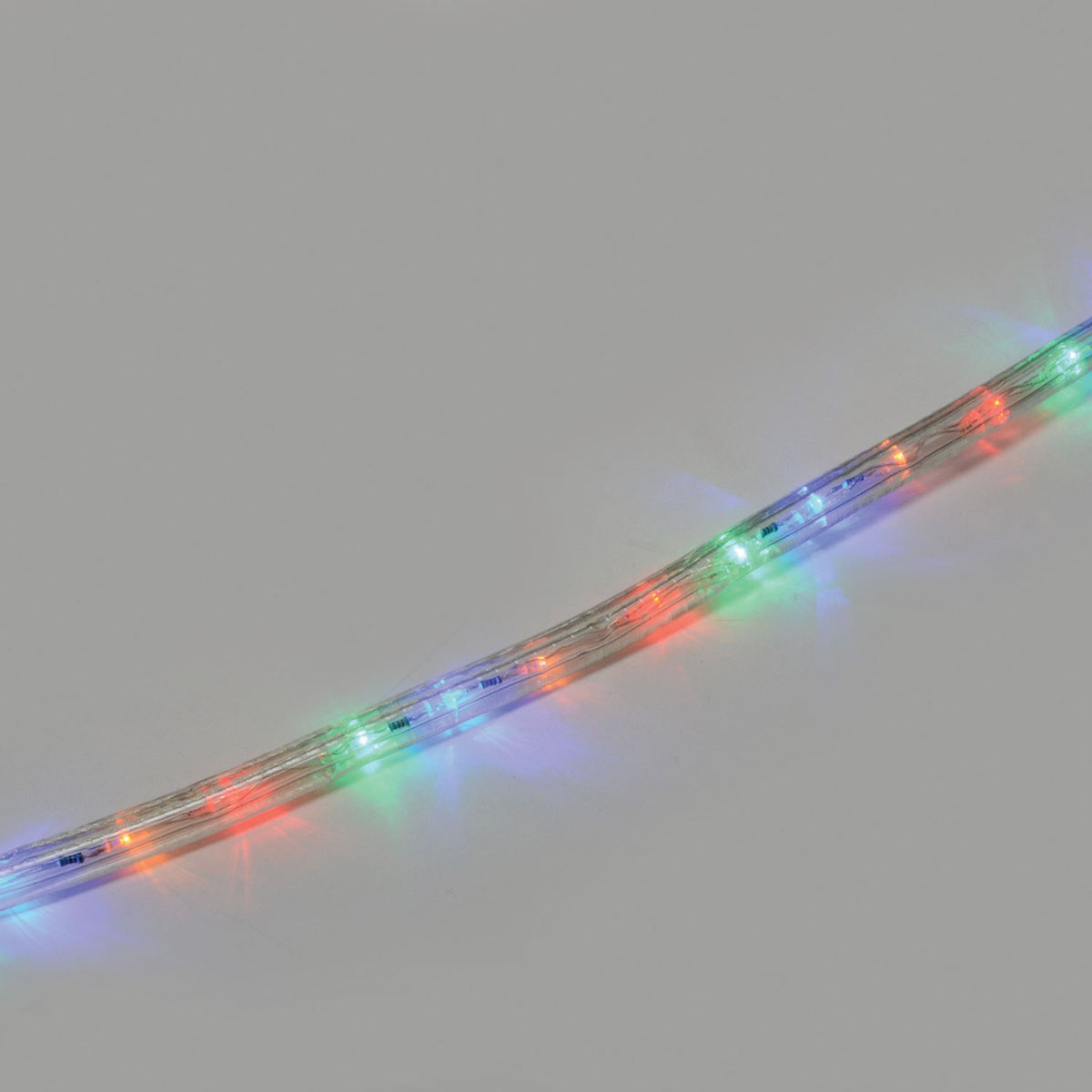 LYYT 50m multicoloured LED rope light illuminated in red, green, blue and white along a clear flexible PVC tube against a plain grey background.