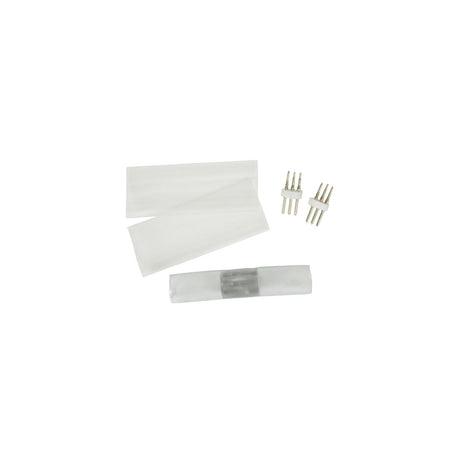 The LYYT Straight Coupler For LED Rope is displayed on a white background, featuring two segments of translucent tubing, two sets of pin connectors, and one transparent connector with metal ends, ideal for integrating into an LED rope light setup.