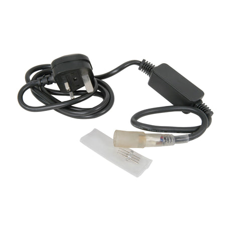 LYYT 3-pin LED rope light power cable with UK plug, 1.5m black lead, inline connector, heat-shrink sleeving and pin shown on a white background.