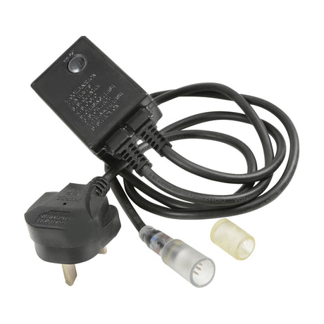 LYYT 3-wire LED rope light controller by AVSL with black inline module, UK 3-pin plug, 1.5m cable and rope light connector pins on white.