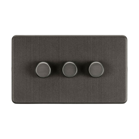 Introducing the 3 Gang 2-Way 10-200W (5-150W LED) Intelligent Dimmer in Smoked Bronze, a stylish addition to any room. This wall-mounted dimmer switch plate features three round knobs and boasts a screwless low profile design with a brushed finish for a sleek, modern appearance. It offers versatile lighting control by supporting both trailing-edge and leading-edge modes.