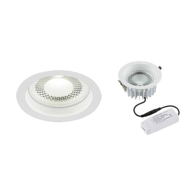 Displayed are two energy-efficient 10W COB LED Recessed Downlights with a sleek white circular design. One unit is fully assembled, and the other is disassembled, showcasing a dimmable LED driver linked by a wire. The housing includes reflective surfaces surrounding the bulb to boost illumination efficiency.