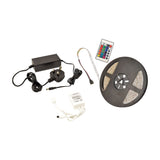 LYYT 5m RGB LED strip kit on reel with 12V UK power adaptor, IR remote controller and IP68 waterproof connectors on a white background.