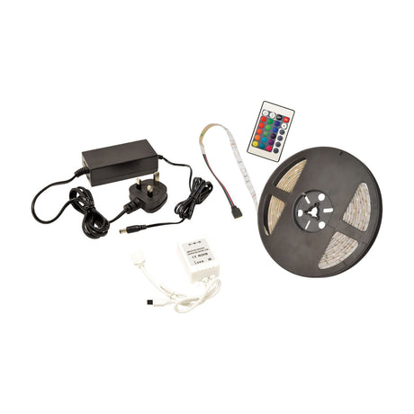 LYYT 5m RGB LED strip kit on reel with 12V UK power adaptor, IR remote controller and IP68 waterproof connectors on a white background.