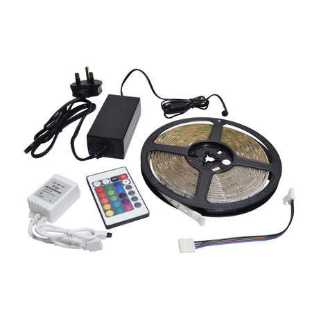 LYYT DIY-RGB30 RGB waterproof LED strip light kit by AVSL with 5m reel of IP65 tape, 12V UK plug power supply, IR controller and remote on white.