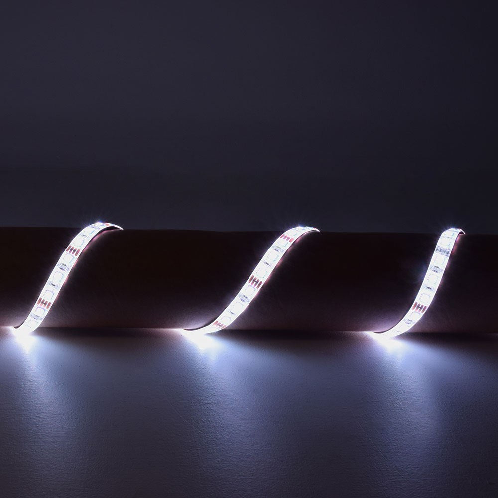LYYT DIY-RGB30 RGB LED strip light kit by AVSL shown lit in white across three curved loops on a dark surface, IP65 silicone-coated flexible tape.