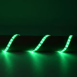 LYYT DIY-RGB30 RGB LED strip light kit by AVSL shown lit in green, curving in three waves across a dark surface with IP65 silicone coating.