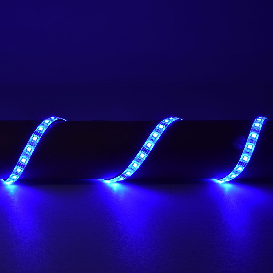 LYYT DIY-RGB30 RGB LED strip light kit by AVSL, shown as three flexible illuminated sections glowing blue against a dark background.
