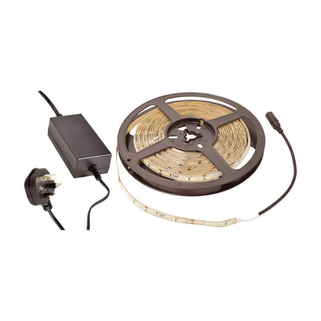 LYYT 12V LED strip light kit with 5m reel of yellow LED tape, UK plug-top power adaptor, and DC connector lead on a plain white background.
