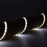 LYYT 12V LED strip light by AVSL wrapped around a dark cylindrical surface, emitting warm white light along the flexible silicone-coated tape.