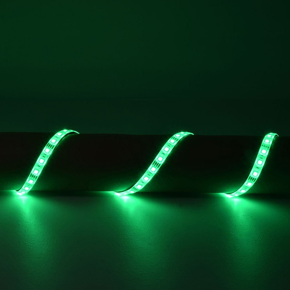 LYYT 12V LED Strip Light by AVSL installed in a wave along a wall, emitting vivid green IP65 waterproof illumination across the surface.