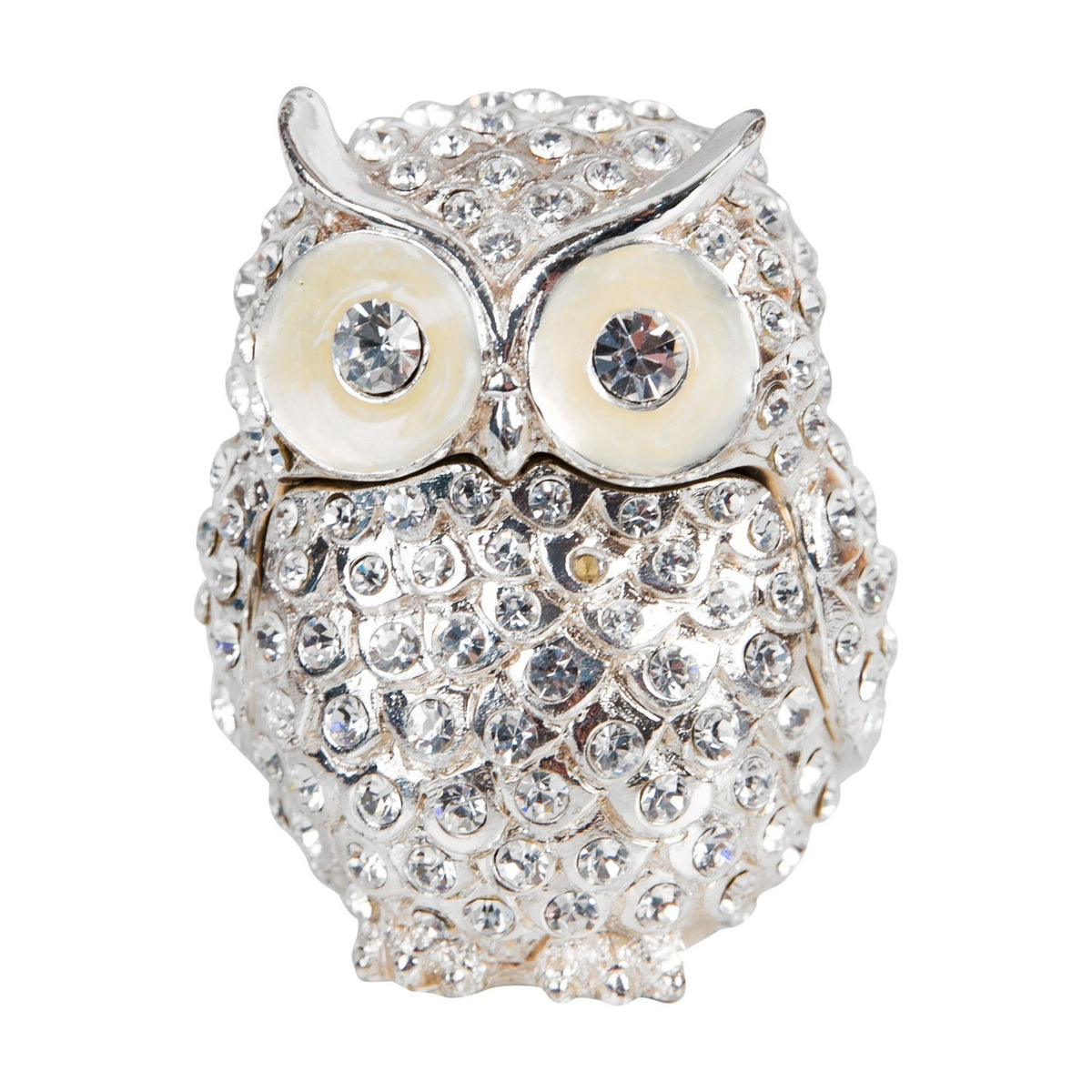 Crystal Owl Metal Trinket Box with Hinged Lid - Silver