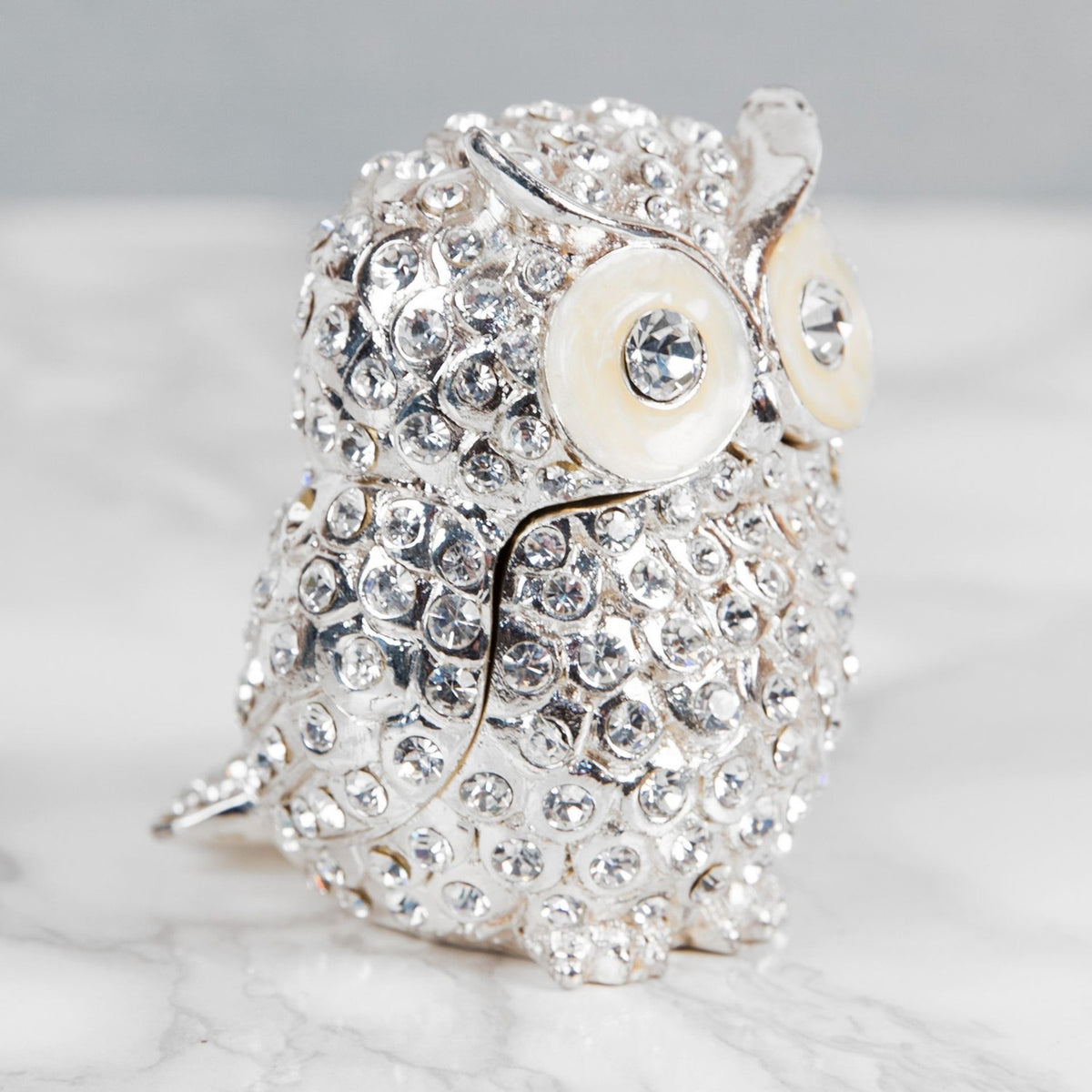 Crystal Owl Metal Trinket Box with Hinged Lid - Silver