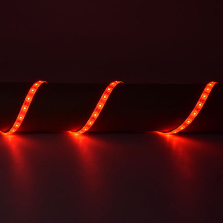 LYYT 12V 5m red LED strip light kit by AVSL, shown illuminated in a wavy layout casting a red glow across a dark surface.
