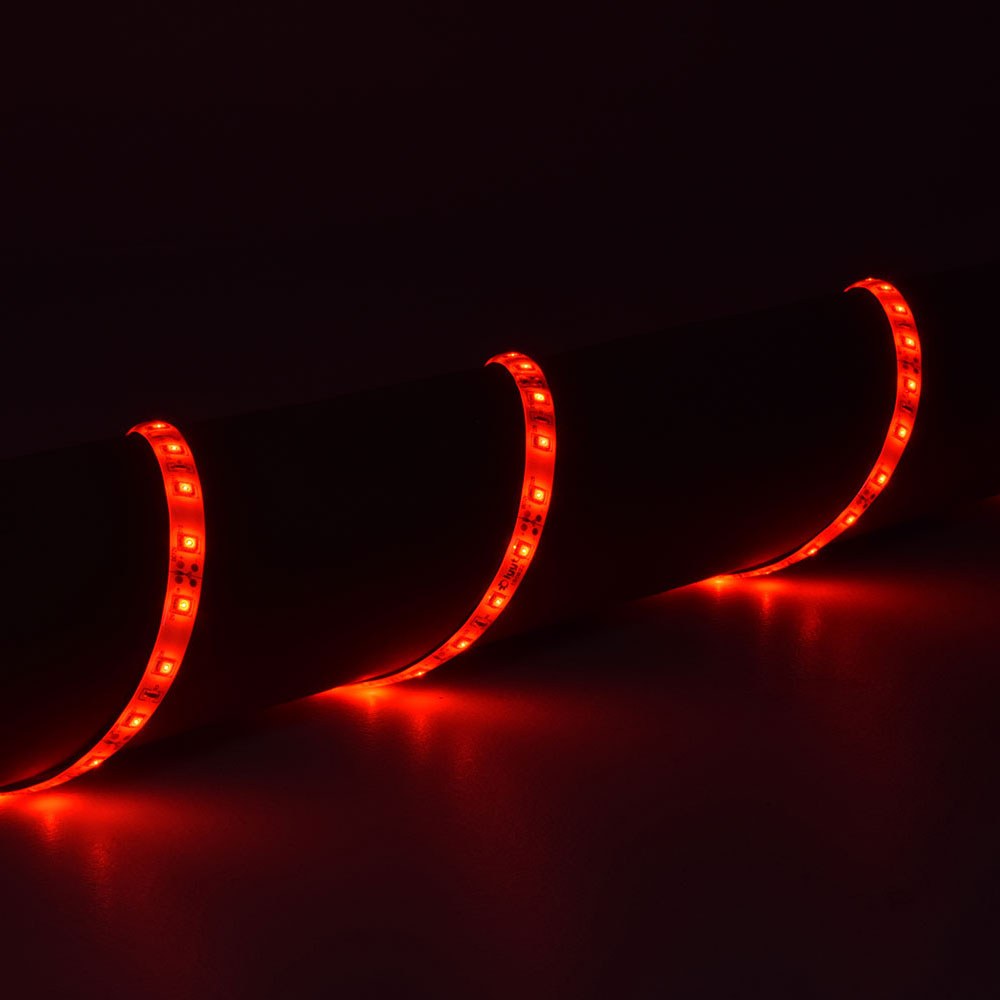 LYYT 12V 5m red LED strip light kit by AVSL, shown illuminated in a curved run with glowing red SMD LEDs against a dark background.