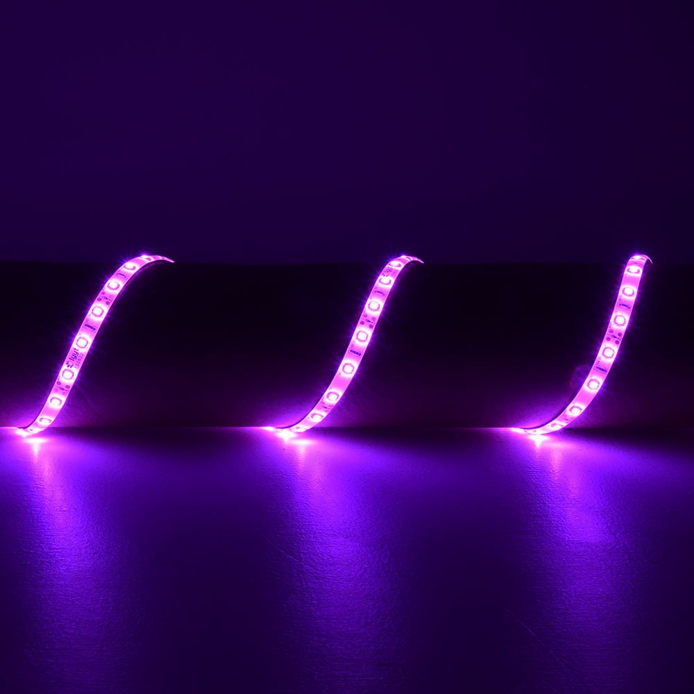 AVSL LYYT 12V 5m LED strip light kit in pink IP65, shown as three illuminated curved sections glowing on a dark reflective surface.