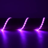 AVSL LYYT 12V 5m LED strip light kit in pink IP65, shown as three illuminated curved sections glowing on a dark reflective surface.