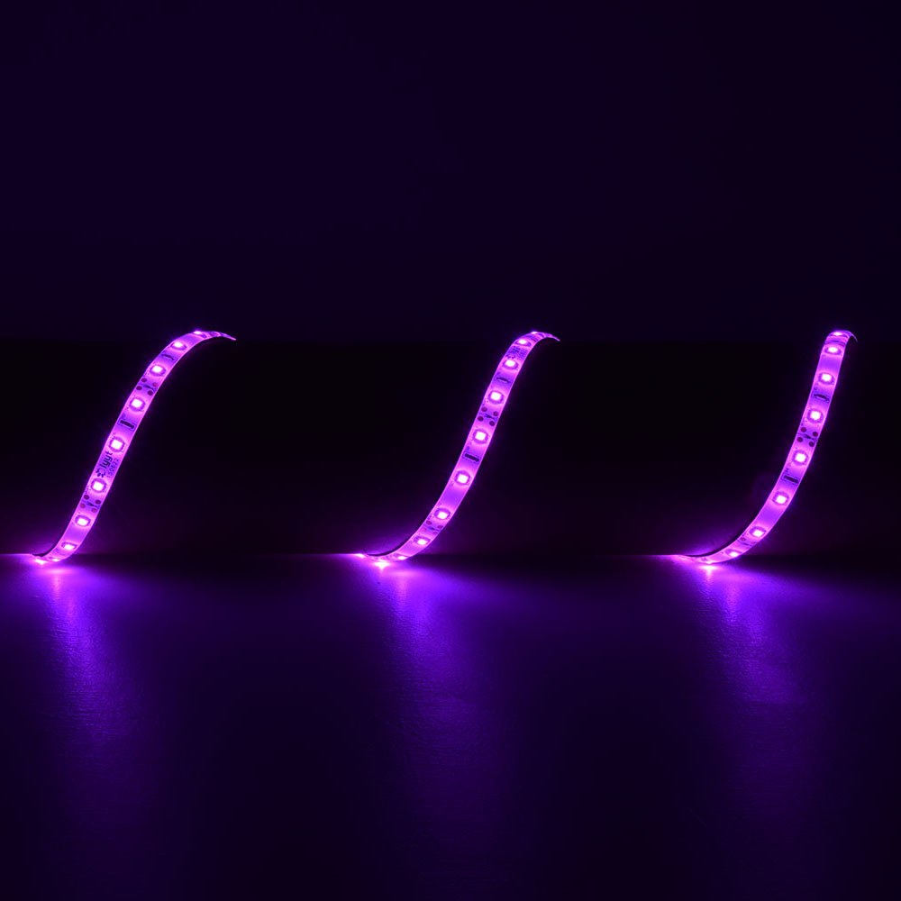 LYYT 12V 5m LED strip light kit by AVSL installed in three curved sections emitting pink IP65 illumination against a dark background.