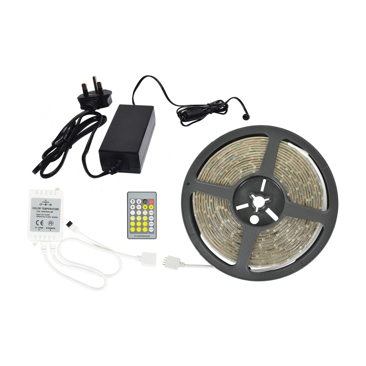 LYYT DIY-DW120 warm-to-cool LED strip kit with 5m reel, UK mains adaptor, IR controller and remote on a white background.
