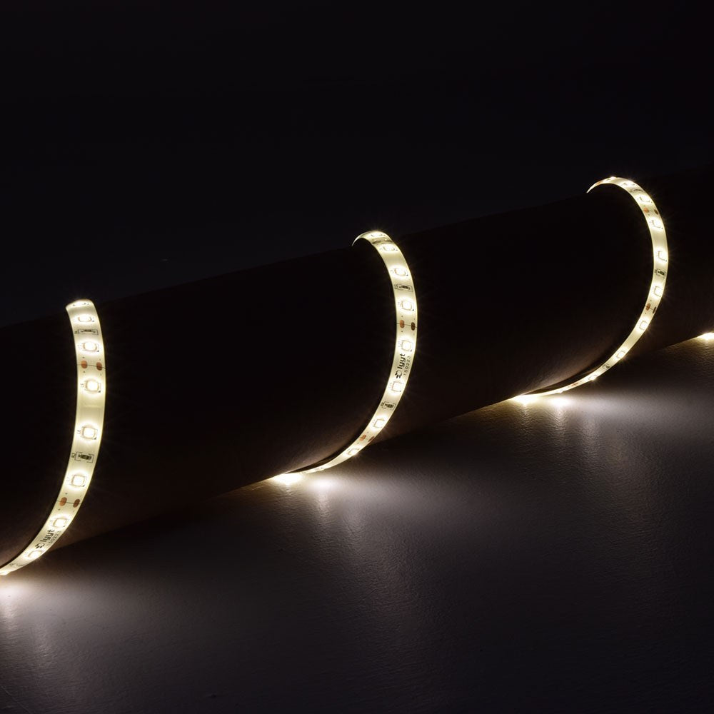 LYYT DIY-DW120 waterproof LED strip wrapped around a dark cylinder, glowing warm white along the flexible IP65 tape with visible SMD LEDs.