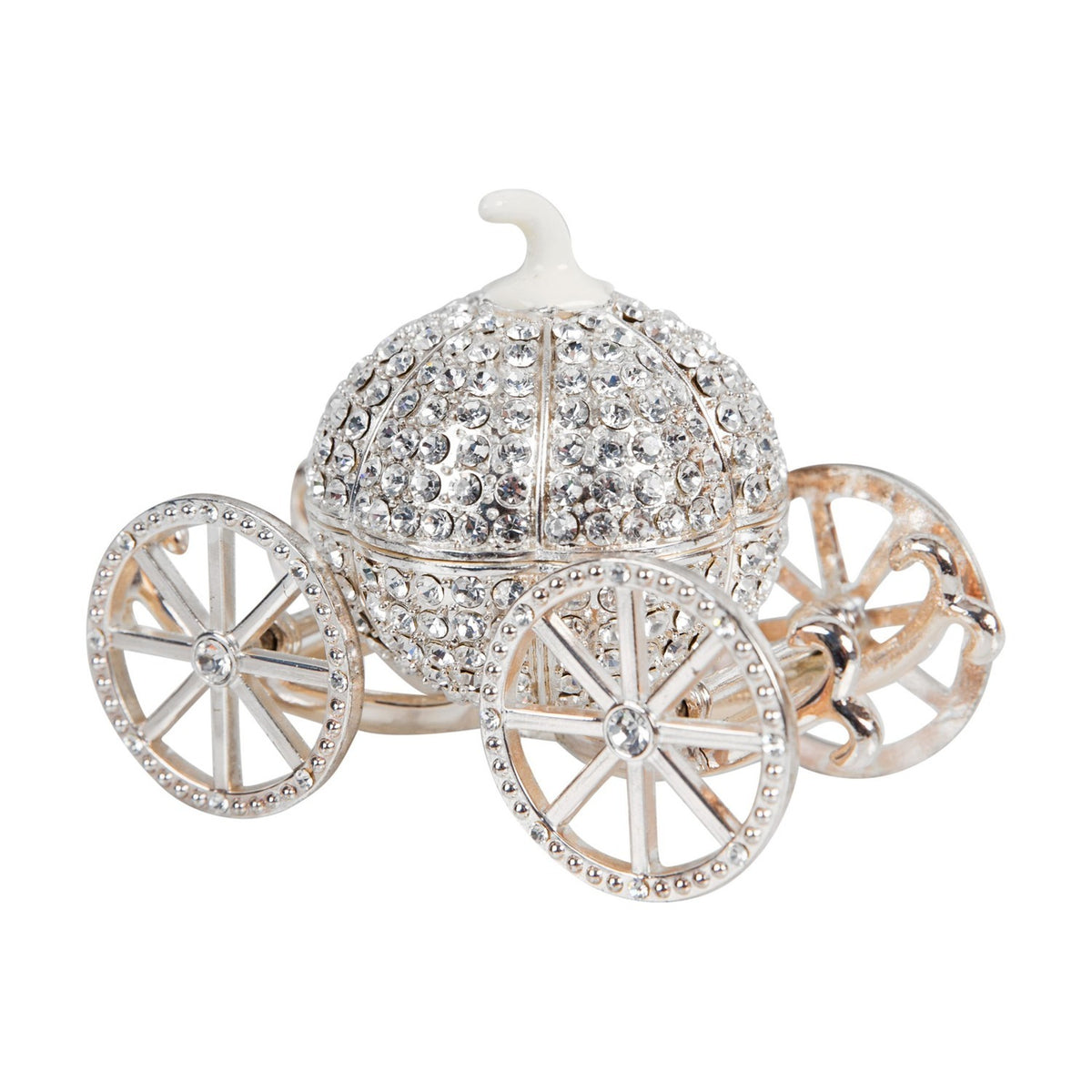 Crystal Pumpkin Carriage Hinged Metal Trinket Box in silver, with a crystal-studded rounded body, white stem top, and four spoked wheels, shown on a white background.
