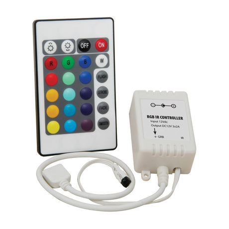 LYYT RGB LED strip controller with white plastic housing, DC input lead and 24-button IR remote featuring colour and mode buttons, on a white background.