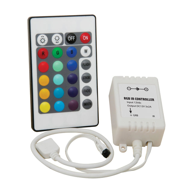 LYYT RGB LED strip controller with white plastic housing, DC input lead and 24-button IR remote featuring colour and mode buttons, on a white background.