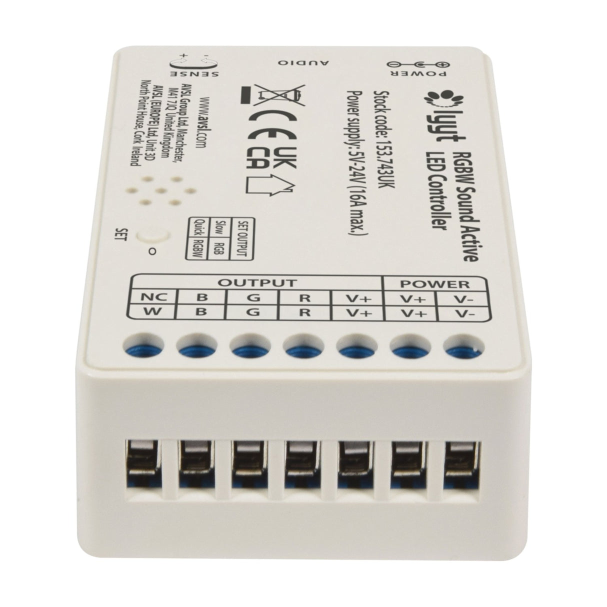 LYYT RGBW Sound-Active LED Strip Controller by AVSL, small white polycarbonate unit with labelled screw terminals for W, B, G, R and V+ outputs.