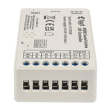LYYT RGBW Sound-Active LED Strip Controller by AVSL, small white polycarbonate unit with labelled screw terminals for W, B, G, R and V+ outputs.