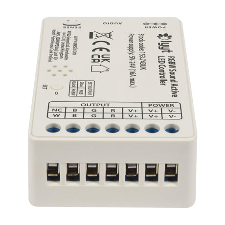 LYYT RGBW Sound-Active LED Strip Controller by AVSL, small white polycarbonate unit with labelled screw terminals for W, B, G, R and V+ outputs.