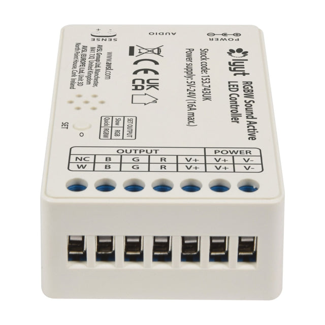 LYYT RGBW Sound-Active LED Strip Controller by AVSL, small white polycarbonate unit with labelled screw terminals for W, B, G, R and V+ outputs.