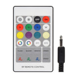 LYYT RGBW LED strip RF remote with 24 colour and function buttons alongside a 3.5mm mono jack audio input plug on a white background.