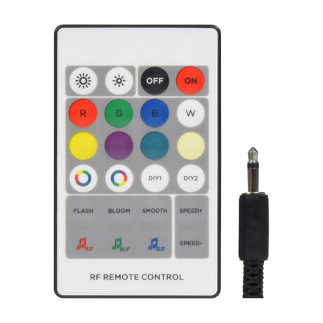 LYYT RGBW LED strip RF remote with 24 colour and function buttons alongside a 3.5mm mono jack audio input plug on a white background.