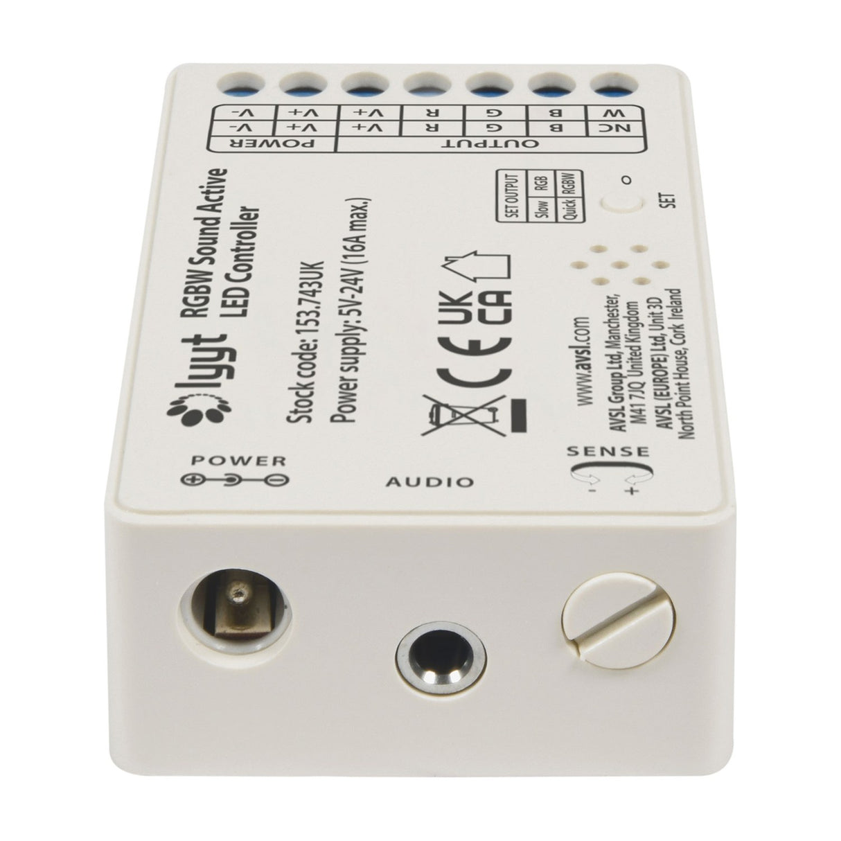 LYYT RGBW Sound-Active LED Strip Controller by AVSL, white polycarbonate unit showing DC barrel jack, 3.5mm audio input, sense screw and terminal labels.