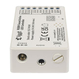 LYYT RGBW Sound-Active LED Strip Controller by AVSL, white polycarbonate unit showing DC barrel jack, 3.5mm audio input, sense screw and terminal labels.