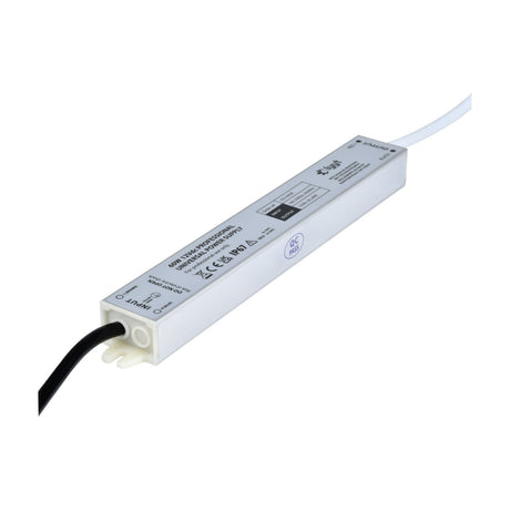 LYYT 12V DC 5A 60W IP67 LED power supply by AVSL, slim white aluminium casing with black input and white output cables, shown on a plain background.