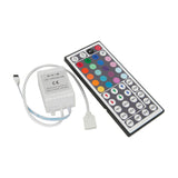LYYT RGB LED tape controller by AVSL with white 12V receiver unit and 44-key infrared remote featuring colour pads and function buttons.