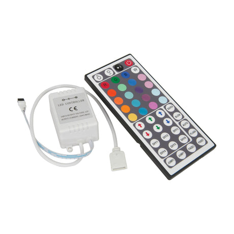 LYYT RGB LED tape controller by AVSL with white 12V receiver unit and 44-key infrared remote featuring colour pads and function buttons.