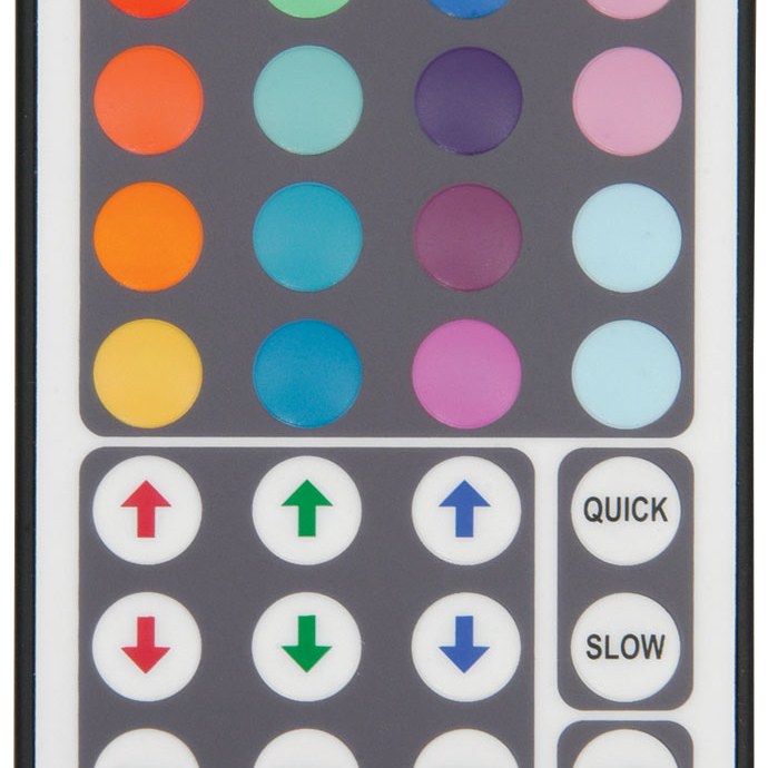 Close-up of the LYYT RGB LED Tape Controller 44-key IR remote showing coloured preset buttons and red, green and blue arrow controls with QUICK and SLOW keys.