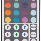 Close-up of the LYYT RGB LED Tape Controller 44-key IR remote showing coloured preset buttons and red, green and blue arrow controls with QUICK and SLOW keys.