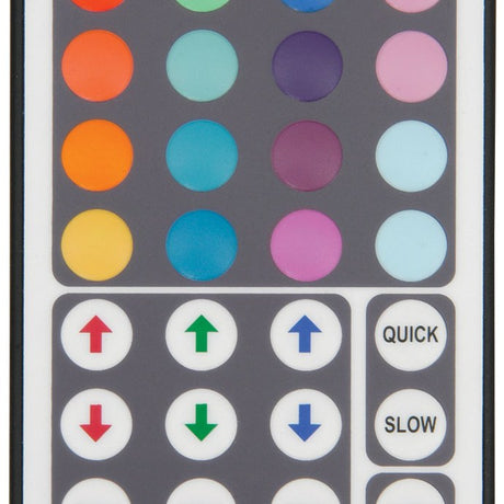 Close-up of the LYYT RGB LED Tape Controller 44-key IR remote showing coloured preset buttons and red, green and blue arrow controls with QUICK and SLOW keys.