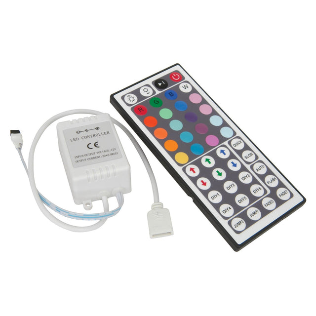 The LYYT RGB Tape Controller With 44 Key Multi Function IR Remote, featuring a multicolored remote and various buttons, is accompanied by a compact white controller unit with a cable and connector, making it ideal for managing your LED tape.