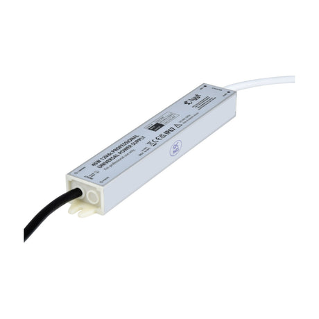 LYYT 45W 12V DC IP67 LED power supply by AVSL in a slim white aluminium enclosure with black input and white output cables, on a plain background.