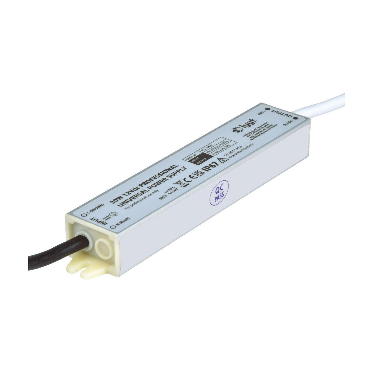 LYYT 12V DC 2.5A 30W IP67 LED tape power supply in sealed white aluminium casing with bare-wire mains input and DC output leads, on white background.