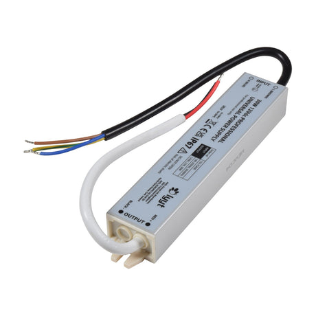 LYYT 12V DC 2.5A 30W IP67 power supply for LED tape with sealed aluminium casing and bare-wire mains input and DC output leads on a white background.