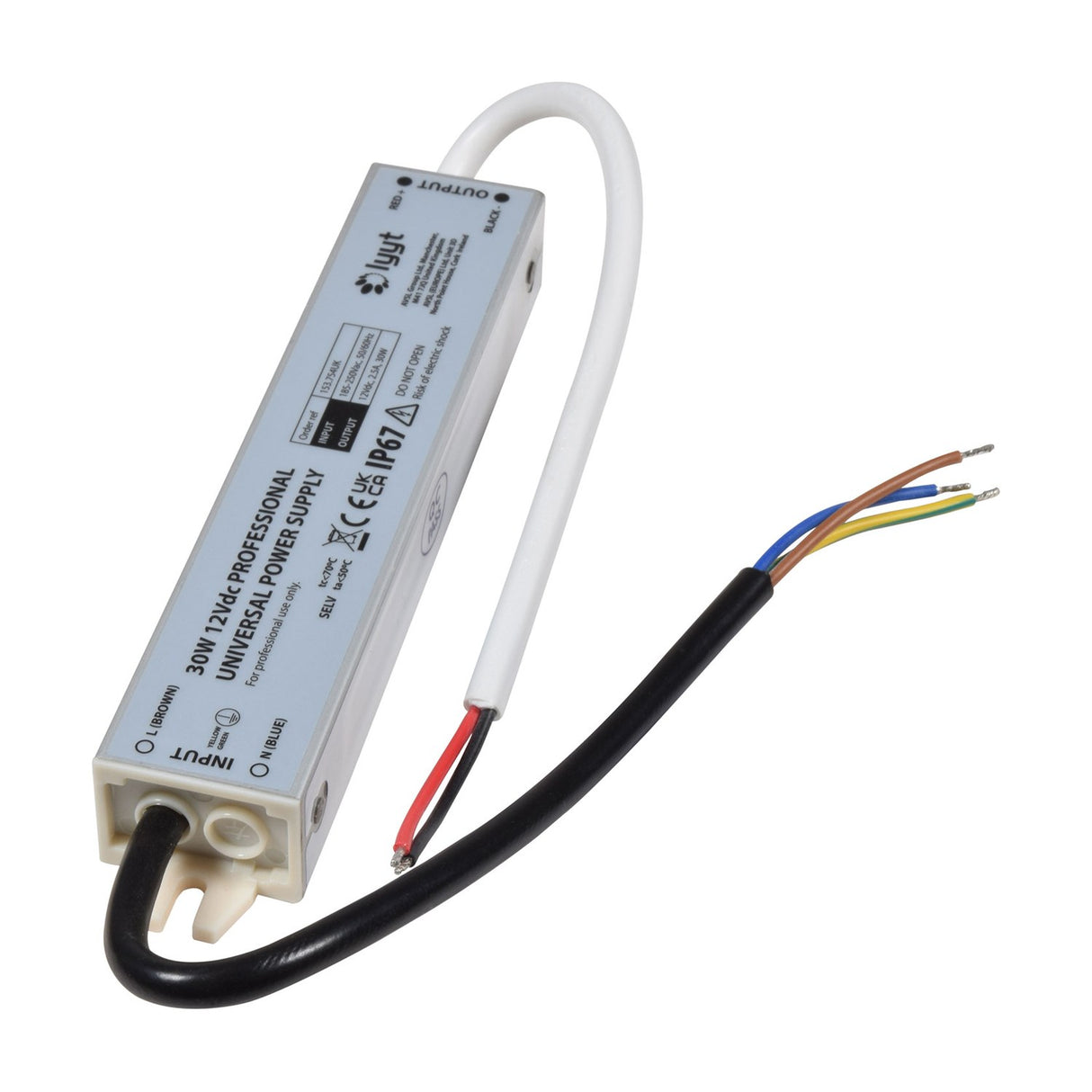LYYT 12V DC 2.5A 30W IP67 power supply for LED tape with white sealed housing, bare-wire mains input and red/black DC output leads, on a plain background.