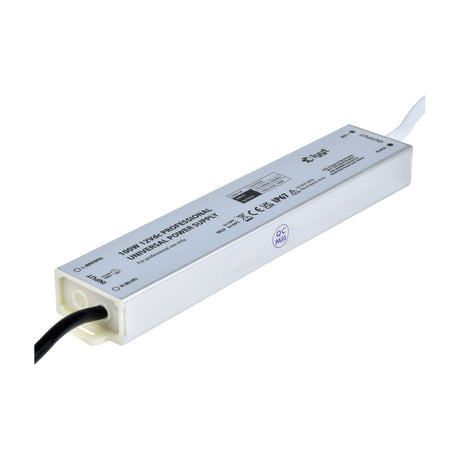 LYYT 100W 12V DC IP67 waterproof power supply by AVSL in a ribbed aluminium casing with sealed cable glands for mains input and DC output.