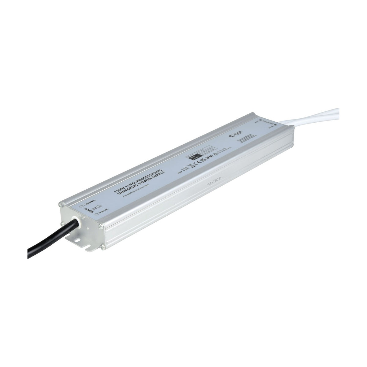 LYYT 150W 12V DC waterproof LED driver by AVSL with ribbed aluminium IP67 housing, sealed input cable gland, and dual white output leads on a white background.