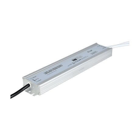 LYYT 150W 12V DC waterproof LED driver by AVSL with ribbed aluminium IP67 housing, sealed input cable gland, and dual white output leads on a white background.