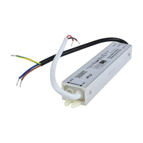LYYT PS30-24 waterproof 24Vdc 30W IP67 power supply in a slim aluminium casing with input and output cables, shown on a plain white background.